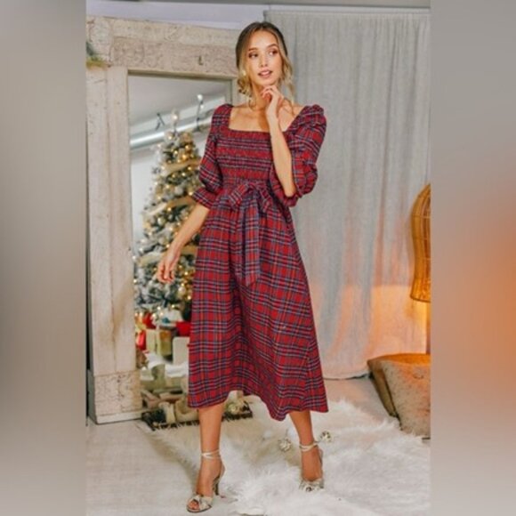 Cupshe Women's Burgundy Belted Tartan Plaid Smocked Maxi Dress - Picture 1 of 6